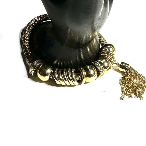 Gold Tone Mesh Stretch Bracelet Tassel & Sliding Charms Tiny Rhinestones - Picture 3 of 6